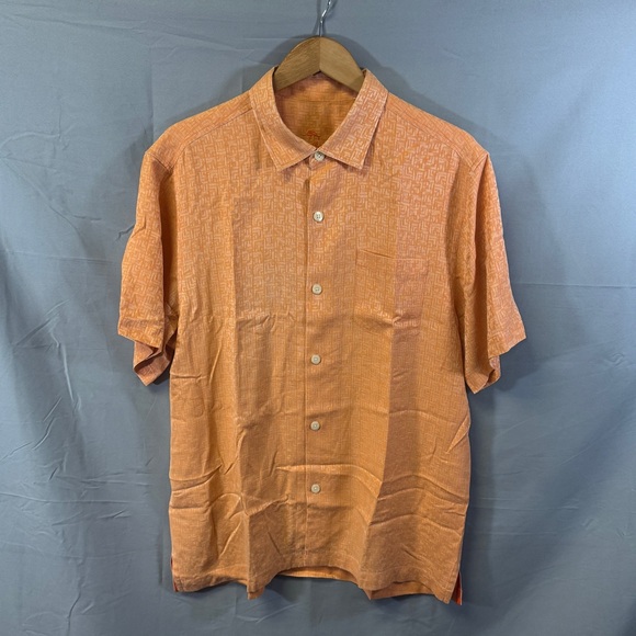 Tommy Bahama Shirt Mens Large Orange Jacquard Geometric Camp Button Front Pocket - Picture 1 of 7